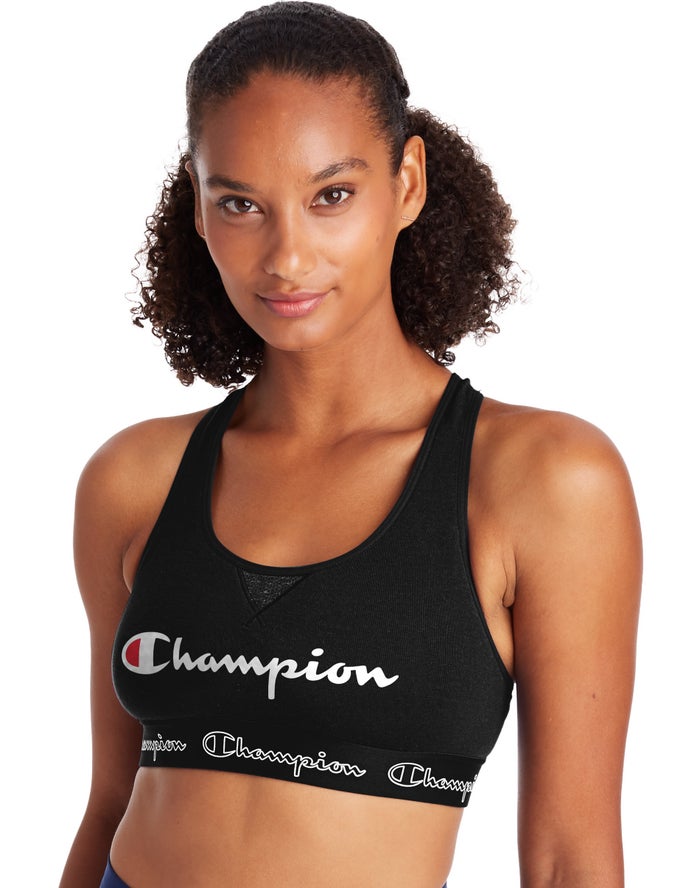 Champion Womens Sports Bra NZ - The Authentic Script Logo Black ( 6897-MQIOT )